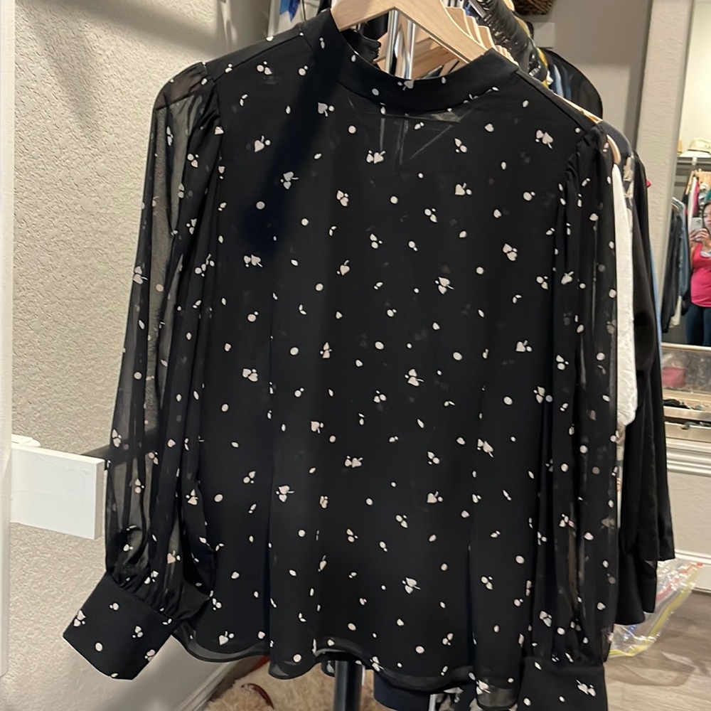 Ann Taylor printed blouse with sheer sleeves.  Back button neck close size LP